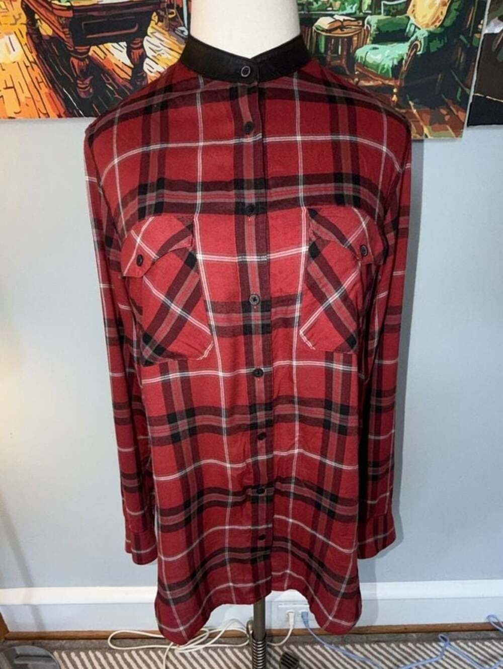 VINCE Red Plaid Button Down Tunic Shirt with Lamb Leather Trim Collar size 12